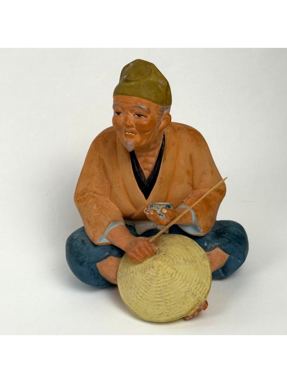 Vintage1950's Japanese Hakata Urasaki Clay Doll Farmer with Small Bowl, Stick &